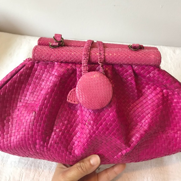 Hot Pink Python and Straw Bag w/ Chain Handle - Picture 3 of 6